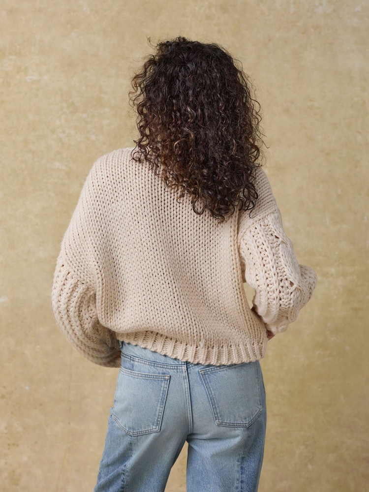 White Ecru Chunky Knit Button Front Cable Cardigan - Image 3 of 8