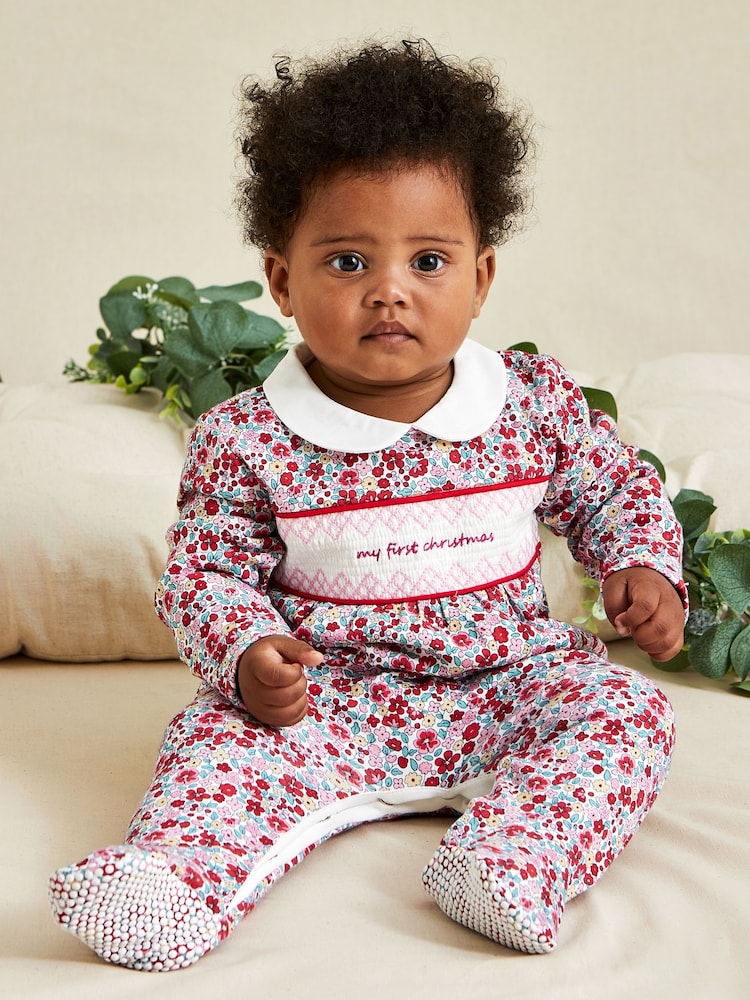 JoJo Maman Bébé Red Floral My First Christmas Smocked Sleepsuit & Hat Set - Image 1 of 7