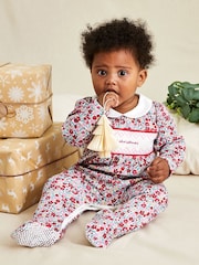 JoJo Maman Bébé Red Floral My First Christmas Smocked Sleepsuit & Hat Set - Image 2 of 7