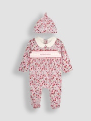 JoJo Maman Bébé Red Floral My First Christmas Smocked Sleepsuit & Hat Set - Image 3 of 7
