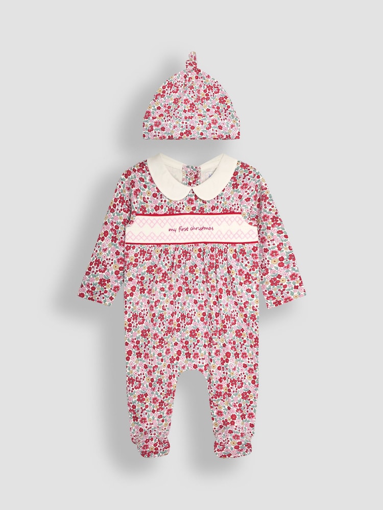 JoJo Maman Bébé Red Floral My First Christmas Smocked Sleepsuit & Hat Set - Image 3 of 7