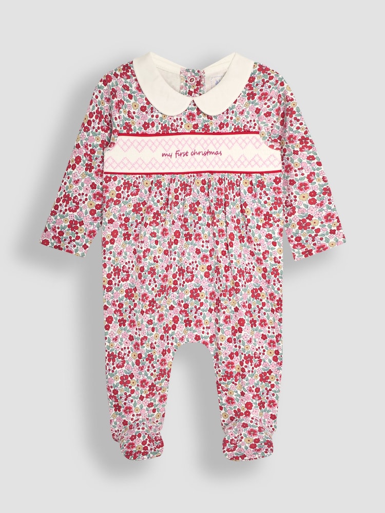 JoJo Maman Bébé Red Floral My First Christmas Smocked Sleepsuit & Hat Set - Image 4 of 7