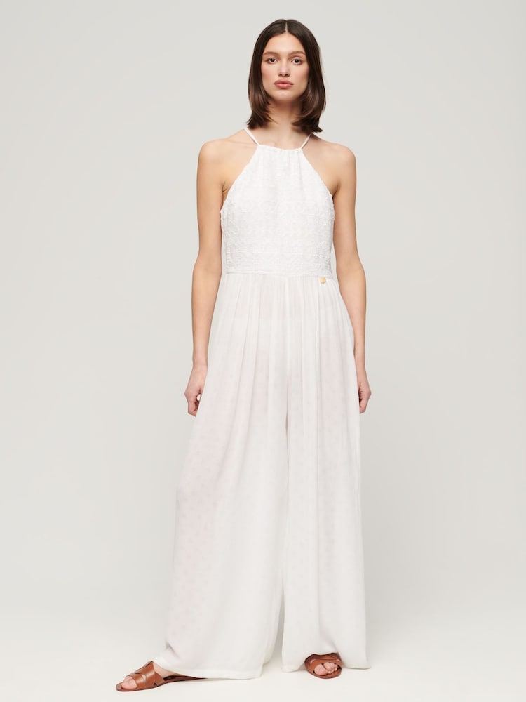 Superdry White Embroidered Jumpsuit - Image 1 of 6