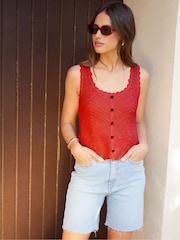 Threadbare Red Mock Button Down Crochet Knitted Vest - Image 1 of 4