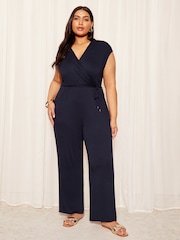 Friends Like These Navy Curve Jersey Wide Leg Wrap Style V Neck Summer Jumpsuit - Image 1 of 1