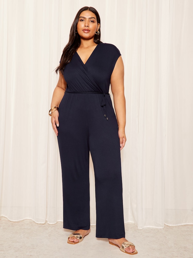Friends Like These Navy Curve Jersey Wide Leg Wrap Style V Neck Summer Jumpsuit - Image 1 of 1
