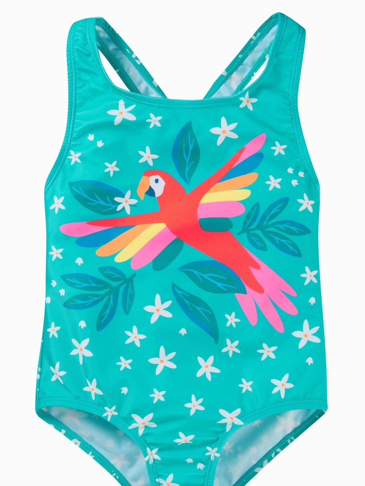 Frugi Blue Tropical Bird Print Swimsuit Made With Recycled Materials - Image 2 of 6 Frugi Blue Tropical Bird Print Swimsuit Made With Recycled Materials - Image 2 of 6