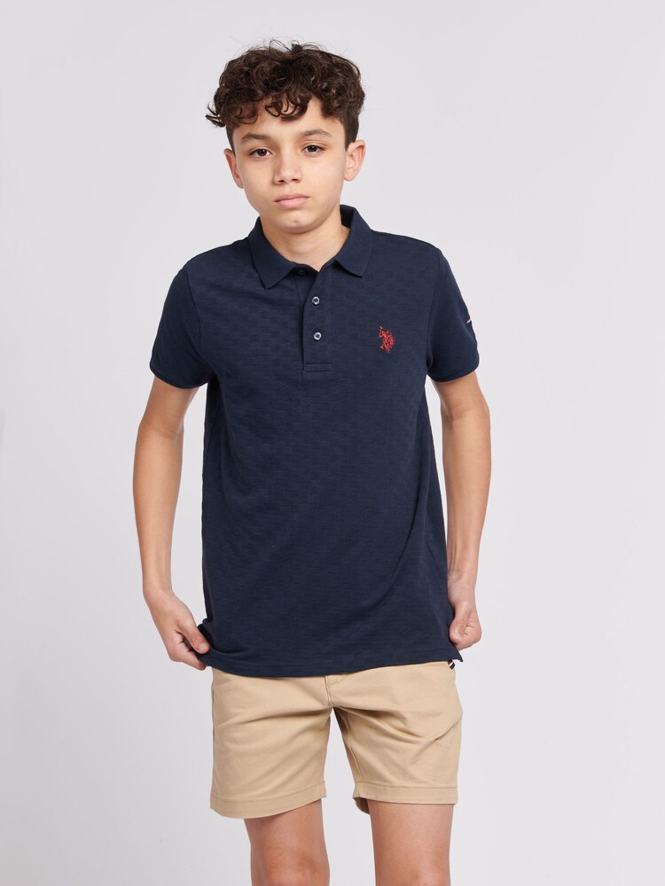 U.S. Polo Assn. Blue Boys 100% Cotton Check Texture Polo Shirt - Image 1 of 6