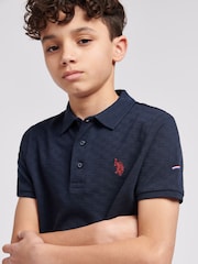 U.S. Polo Assn. Blue Boys 100% Cotton Check Texture Polo Shirt - Image 2 of 6