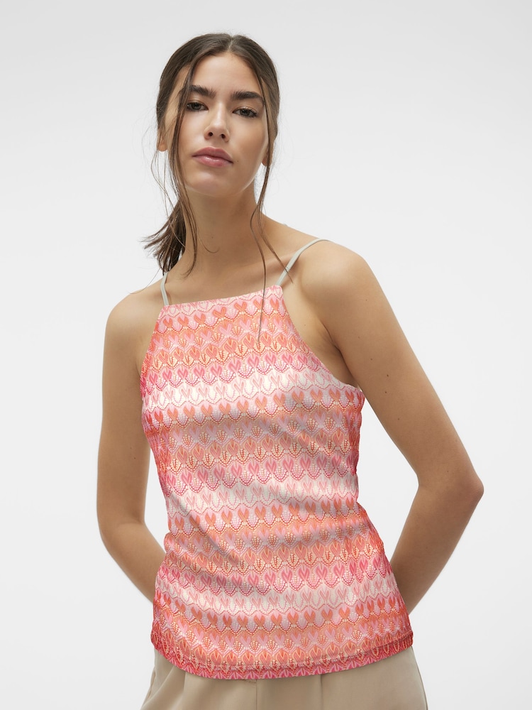 VERO MODA Pink Abstract Print High Neck Crochet Cami Vest - Image 1 of 6 VERO MODA Pink Abstract Print High Neck Crochet Cami Vest - Image 1 of 6