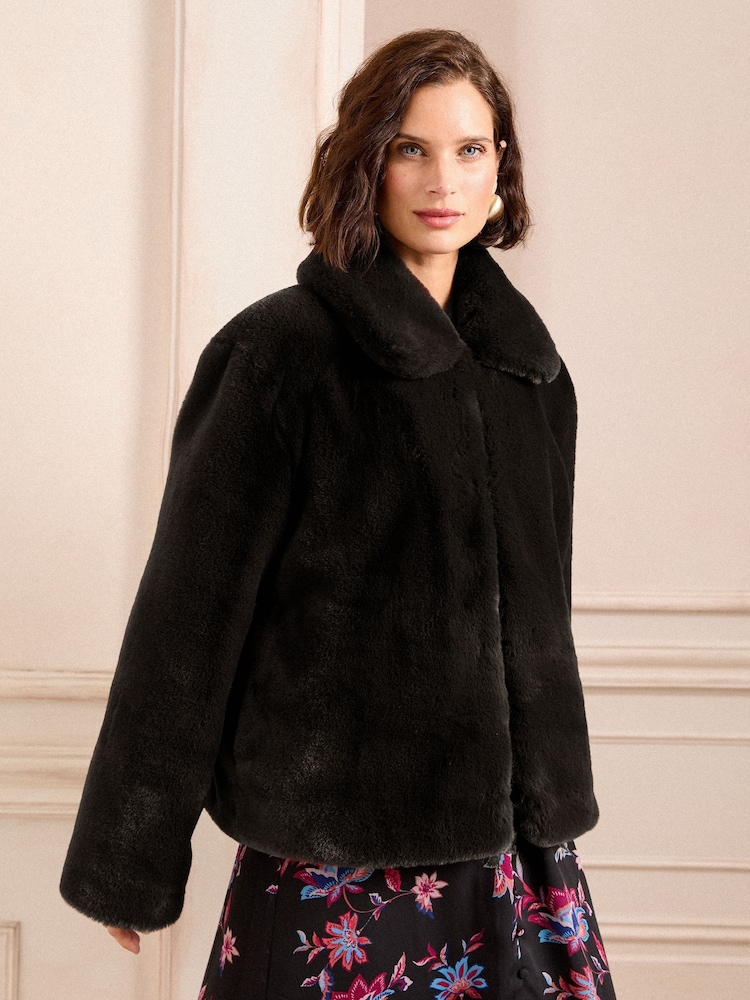 Love & Roses Black Faux Fur Collared Coat - Image 1 of 5