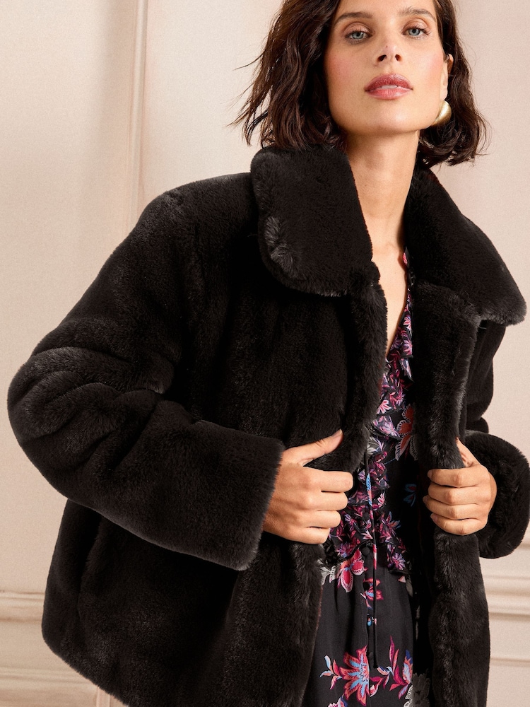 Love & Roses Black Faux Fur Collared Coat - Image 2 of 5