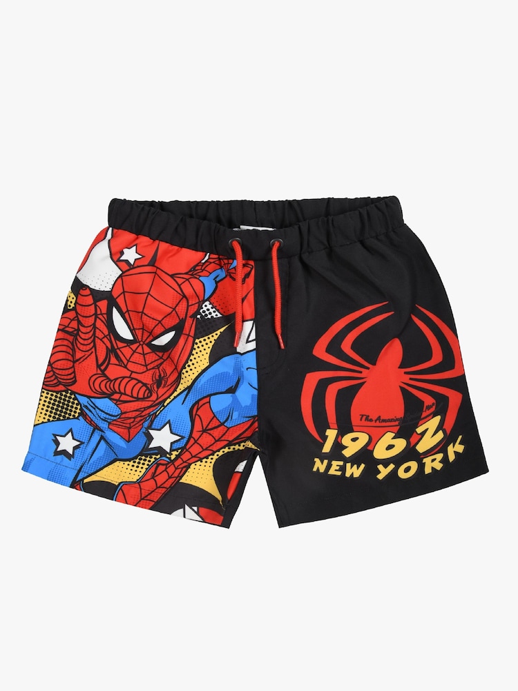 Brand Threads Black 100% Cotton Spiderman Boys Swim Shorts - Image 1 of 4