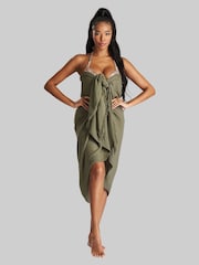 South Beach Khaki Crinkle Viscose Fringed Sarong Cover-Up - Image 1 of 4