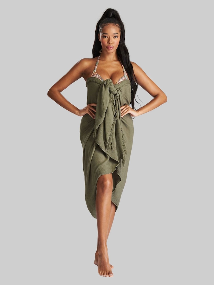 South Beach Khaki Crinkle Viscose Fringed Sarong Cover-Up - Image 1 of 4