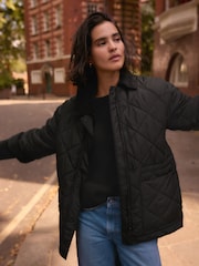 Black Quilted Corduroy Collar Shower Resistant Jacket - Image 1 of 9