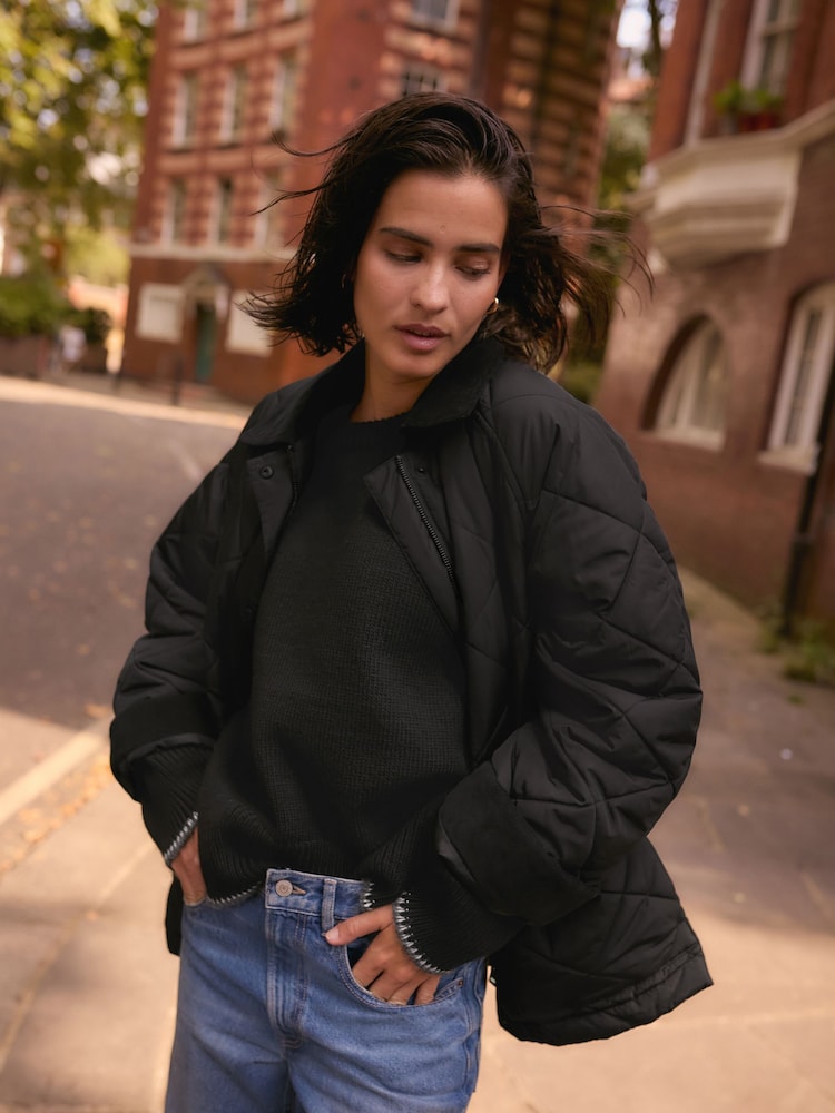 Black Quilted Corduroy Collar Shower Resistant Jacket - Image 4 of 9