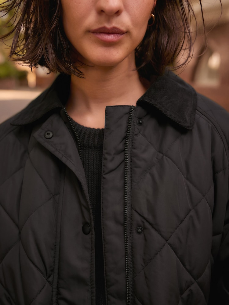 Black Quilted Corduroy Collar Shower Resistant Jacket - Image 5 of 9