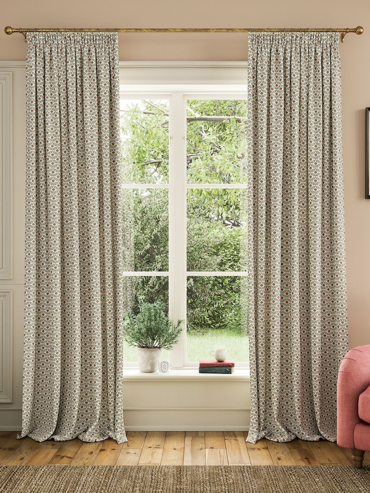 Joules Creme/Green Floral Foulard Lined Pencil Pleat Pencil Pleat Curtains - Image 1 of 3