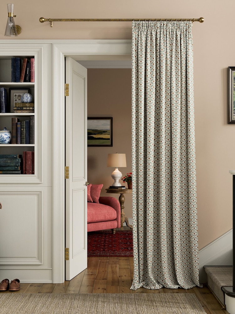 Joules Creme/Green Floral Foulard Lined Pencil Pleat Pencil Pleat Curtains - Image 2 of 3