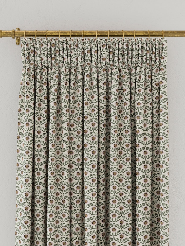 Joules Creme/Green Floral Foulard Lined Pencil Pleat Pencil Pleat Curtains - Image 3 of 3