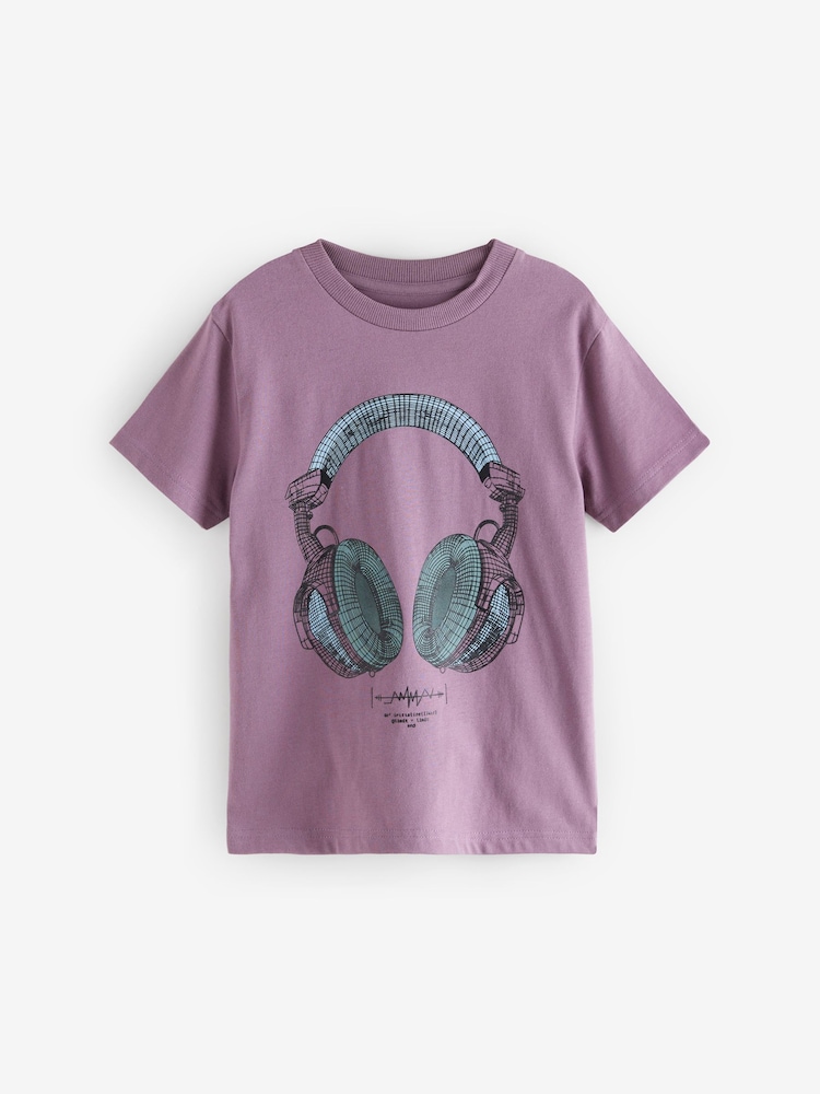 Purple Headphones 100% Cotton Short Sleeve Graphic T-Shirt (3-16yrs) - Image 1 of 1