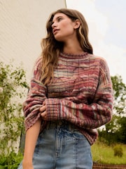 Red Spacedye Print Cable Knit Crew Neck Jumper - Image 1 of 7