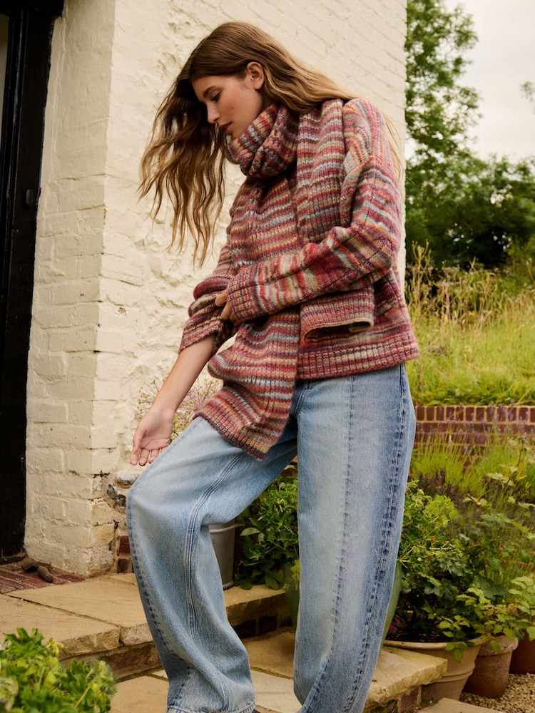 Red Spacedye Print Cable Knit Crew Neck Jumper - Image 2 of 7