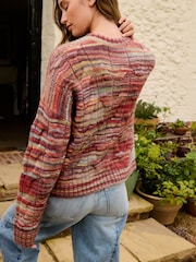 Red Spacedye Print Cable Knit Crew Neck Jumper - Image 3 of 7