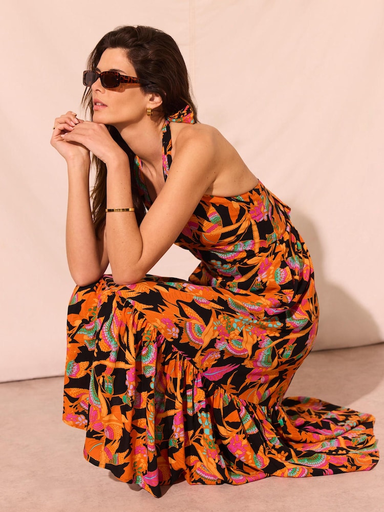 Mint Velvet Black Floral Print Halter Midi Dress - Image 2 of 8