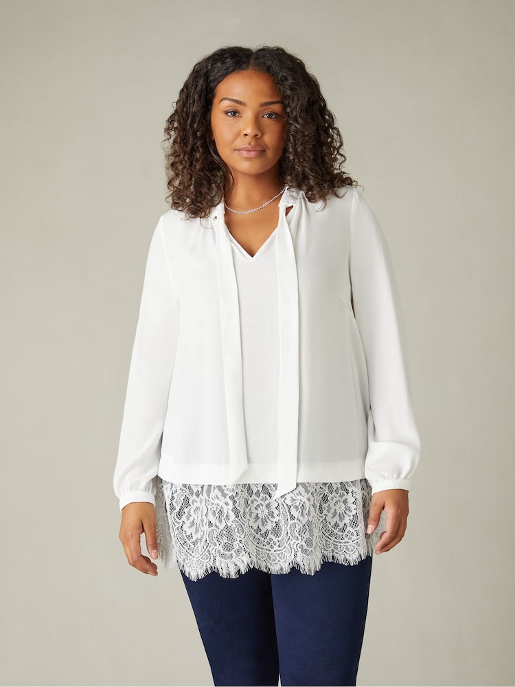 Live Unlimited White Curve Lace Tie Neck Tunic - Image 1 of 6