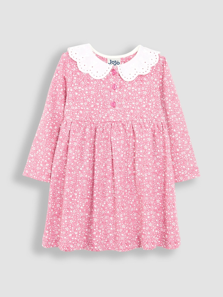 JoJo Maman Bébé Pink Ditsy Floral Floral Broderie Collar Dress - Image 1 of 3