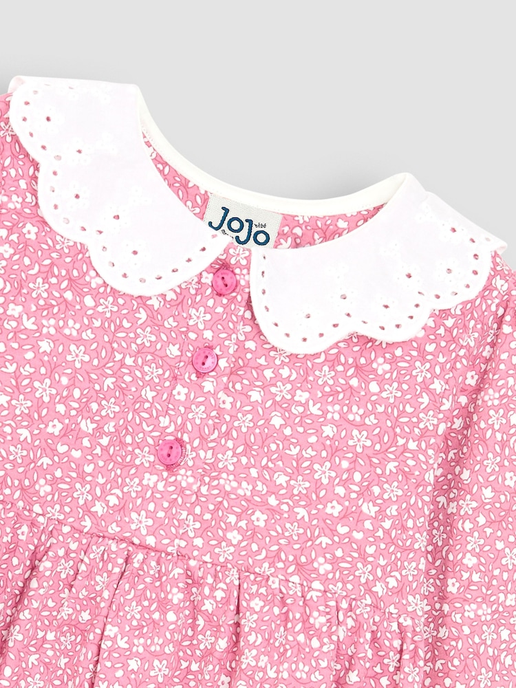 JoJo Maman Bébé Pink Ditsy Floral Floral Broderie Collar Dress - Image 3 of 3