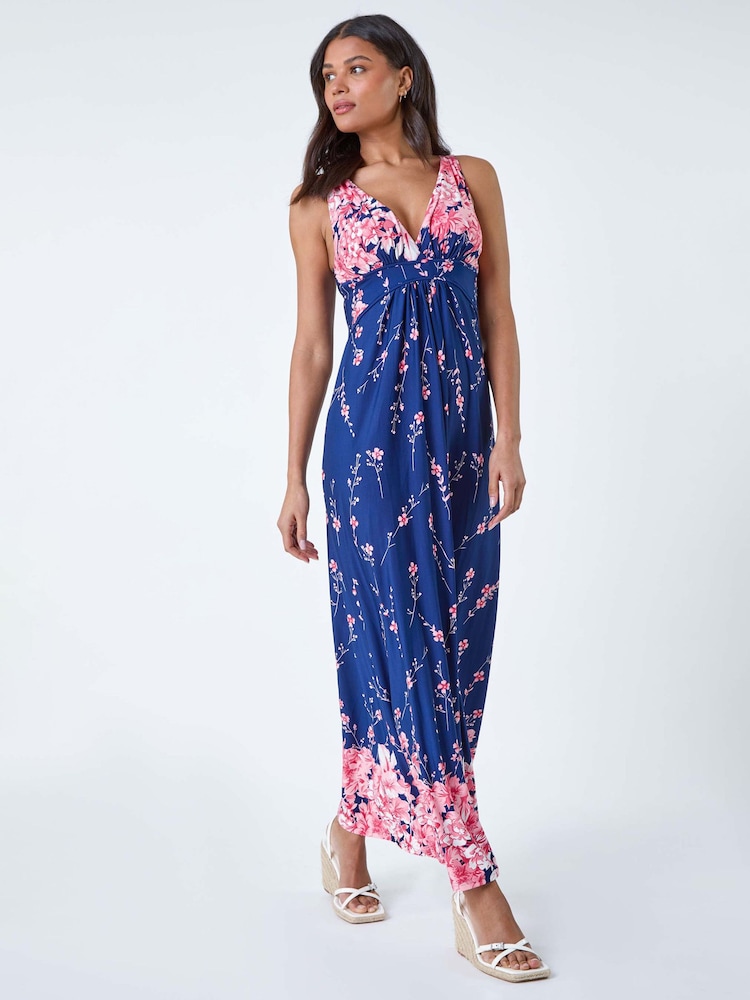 Roman Blue Floral Print Stretch Maxi Dress - Image 1 of 5 Roman Blue Floral Print Stretch Maxi Dress - Image 1 of 5
