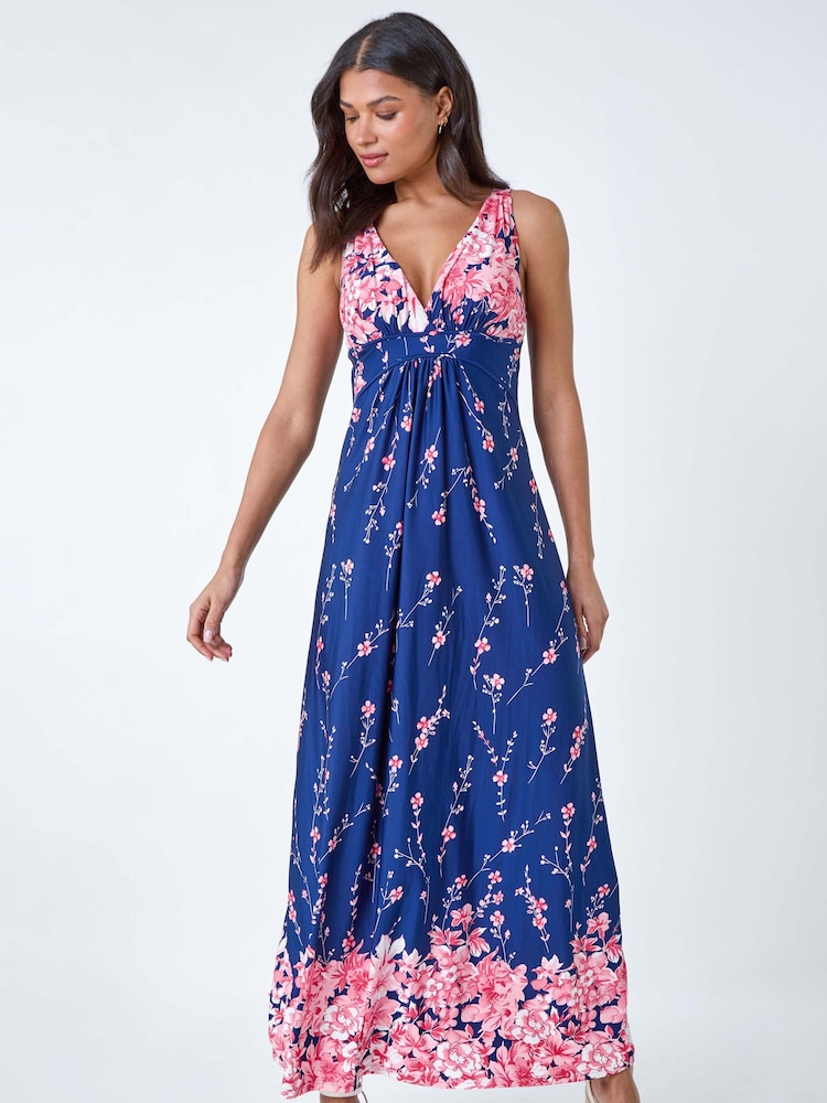 Roman Blue Floral Print Stretch Maxi Dress - Image 2 of 5 Roman Blue Floral Print Stretch Maxi Dress - Image 2 of 5