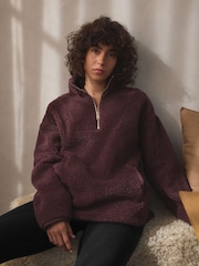 Chocolate Brown Velour Lined Borg Half Zip Fleece - Image 1 of 9