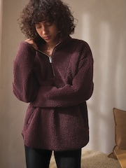 Chocolate Brown Velour Lined Borg Half Zip Fleece - Image 2 of 9