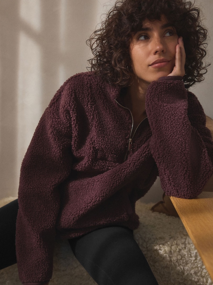 Chocolate Brown Velour Lined Borg Half Zip Fleece - Image 3 of 9
