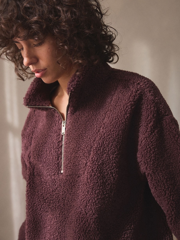 Chocolate Brown Velour Lined Borg Half Zip Fleece - Image 5 of 9