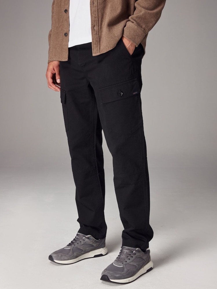 Black Regular Fit 100% Cotton Utility Pocket Cargo Trousers - Image 1 of 12