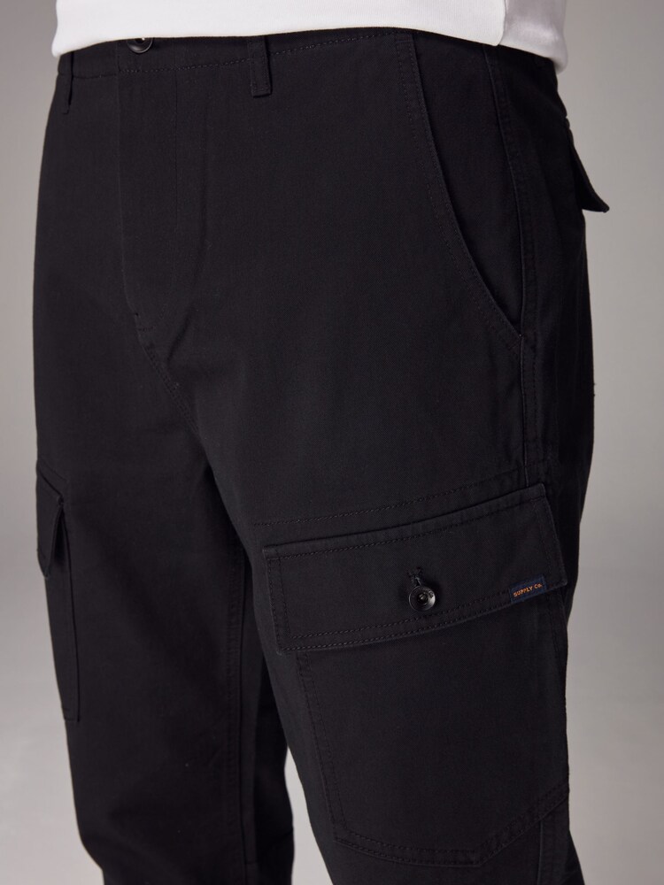 Black Regular Fit 100% Cotton Utility Pocket Cargo Trousers - Image 6 of 12