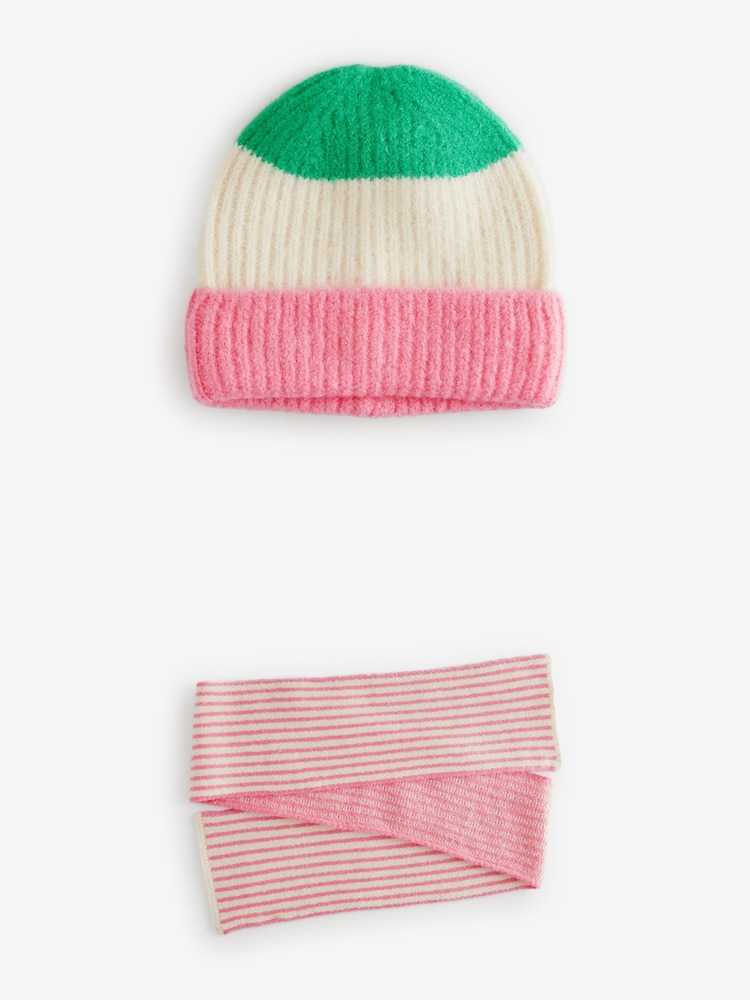 Pink/Green Stripe Hat and Scarf Set (3-16yrs) - Image 1 of 5
