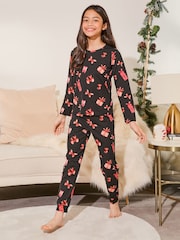 Lipsy Black Christmas Jersey Pyjamas Trousers Set (From 3-16yrs) - Image 2 of 5