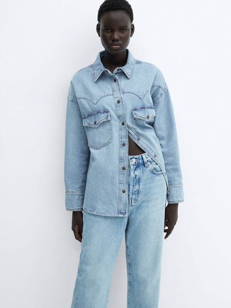 Mango Blue 100% Cotton Chest Pocket Denim Shirt - Image 1 of 7
