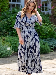 Pour Moi Navy Blue & White Leaf Carmen Fuller Bust Elasticated Neckline Midaxi Dress - Image 1 of 4