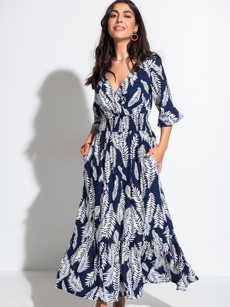 Pour Moi Navy Blue & White Leaf Carmen Fuller Bust Elasticated Neckline Midaxi Dress - Image 1 of 4