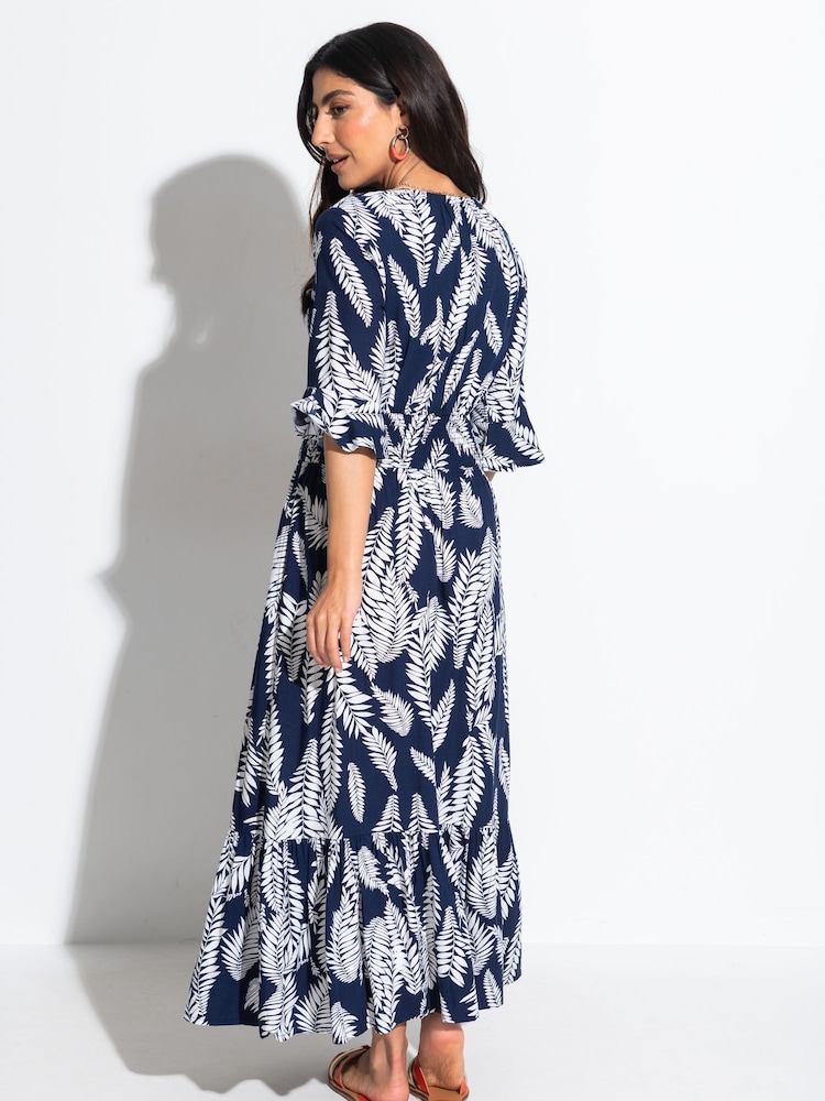 Pour Moi Navy Blue & White Leaf Carmen Fuller Bust Elasticated Neckline Midaxi Dress - Image 2 of 4
