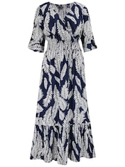 Pour Moi Navy Blue & White Leaf Carmen Fuller Bust Elasticated Neckline Midaxi Dress - Image 3 of 4
