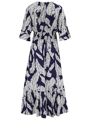 Pour Moi Navy Blue & White Leaf Carmen Fuller Bust Elasticated Neckline Midaxi Dress - Image 4 of 4