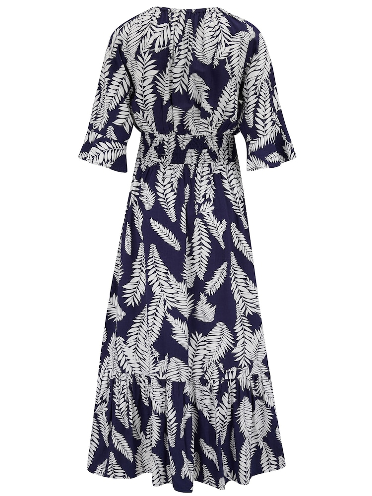 Pour Moi Navy Blue & White Leaf Carmen Fuller Bust Elasticated Neckline Midaxi Dress - Image 4 of 4
